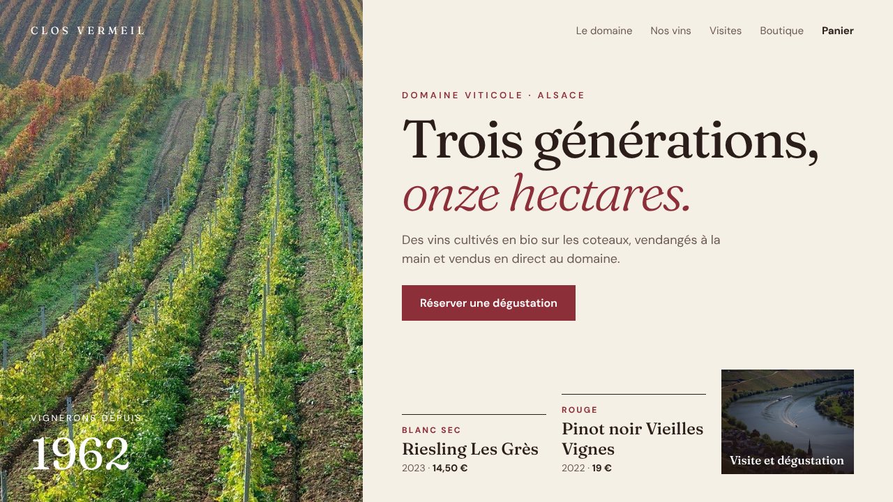 Exemple de site pour un domaine viticole : page d'accueil